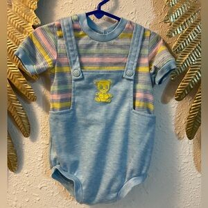 Vintage overalls onesie pastel bear 70s